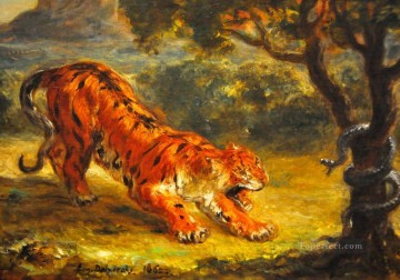 虎 Painting - 虎と蛇 1862年 ウジェーヌ・ドラクロワ